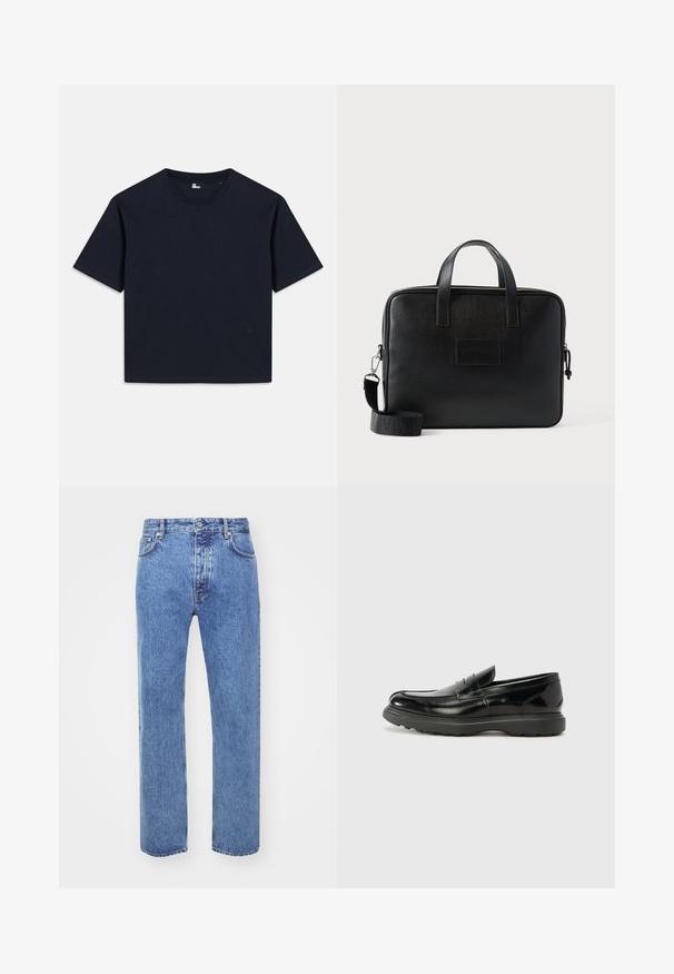 T-shirt à manches courtes bleu marine, en coton. Conception au col ras du cou avec une finition droite et un logo minimaliste en bas à gauche.; Won Hundred STEVE - Jean boyfriend - cut blue; Mocassin en cuir noir avec une finition brillante, bout arrondi, détails de couture subtils et semelle en caoutchouc épaisse pour la durabilité.; Sacoche d'ordinateur portable en cuir noir avec deux poignées supérieures, une bandoulière amovible, une surface texturée et une forme rectangulaire. Patch logo embossé visible.