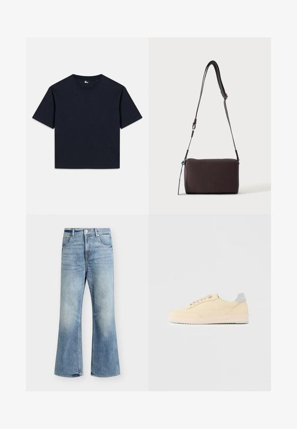 Navy blue short-sleeve t-shirt, made of cotton. Crew neck design with a straight hem and minimal branding at the bottom left corner.; Light blue high-waist wide-leg jeans with front button and zipper closure, two front pockets, and subtle fading on thighs and knees.; Low-top beige sneaker with lace-up front, light pink sole, and grey heel tab branded "Filling Pieces," shown in side profile on plain background.; Dark brown textured leather crossbody bag with adjustable strap and small decorative blue accent on the side.