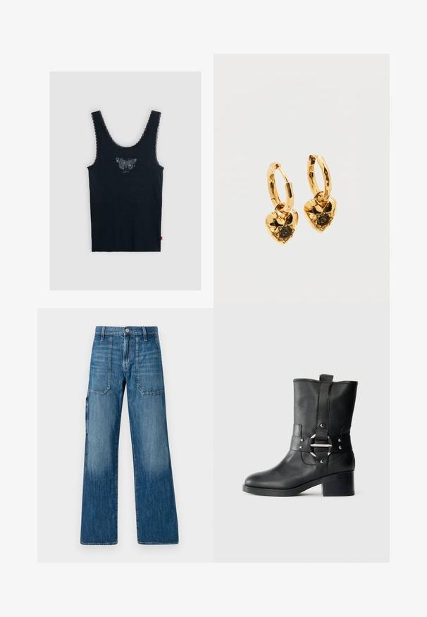 Débardeur noir sans manches avec bordure en dentelle sur les bretelles et un motif de papillon sombre centré sur la poitrine.; Jeans en denim à jambe large en bleu moyen. Dispose d'une taille haute, de poches avant et d'une coupe droite. Présente une texture décolorée et des coutures minimales.; Botte de cheville en cuir noir avec une finition texturée, une tige large, une sangle avec une boucle métallique et un talon épais.; Boucles d'oreilles créoles en or avec pendentifs en forme de cœur. Chaque cœur présente une surface texturée et une pierre précieuse noire centrale sertie de griffes.