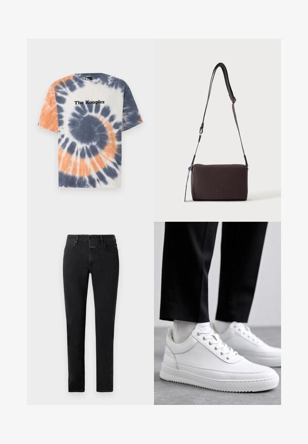 Camiseta de algodón con un patrón de tie-dye en azul, naranja y blanco, con cuello redondo y el logo de "The Kooples" en negro en el pecho.; Jeans negros ajustados con cinco bolsillos, cierre de botón y trabillas para cinturón, colocados en una superficie clara.; Zapatillas de cuero blanco con una suela de goma plana, que presentan un acabado suave, punta redonda y ojetes de metal para los cordones. Llevadas con pantalones negros.; Bolso bandolera de cuero marrón oscuro con textura, correa ajustable y pequeño adorno decorativo azul en el lateral.