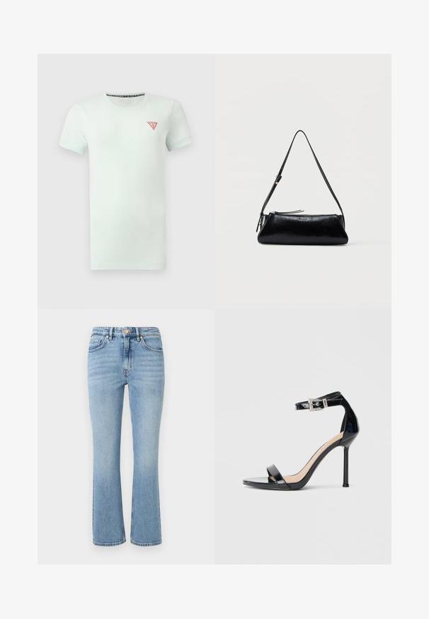 T-shirt blanc uni à manches courtes avec un petit logo triangulaire rouge Guess sur la poitrine gauche et un col rond.; Jean en denim bleu clair avec un design évasé, taille haute, cinq poches et quincaillerie dorée. Présente un délavé et des détails cousus.; Sandale à talon haut en cuir verni noir avec bride à la cheville. Présente un design minimaliste, un bout ouvert et une boucle ornée de strass.; Sac à bandoulière en cuir noir avec une fine sangle réglable, fermeture éclair et petit logo métallique « GUESS » au centre devant.
