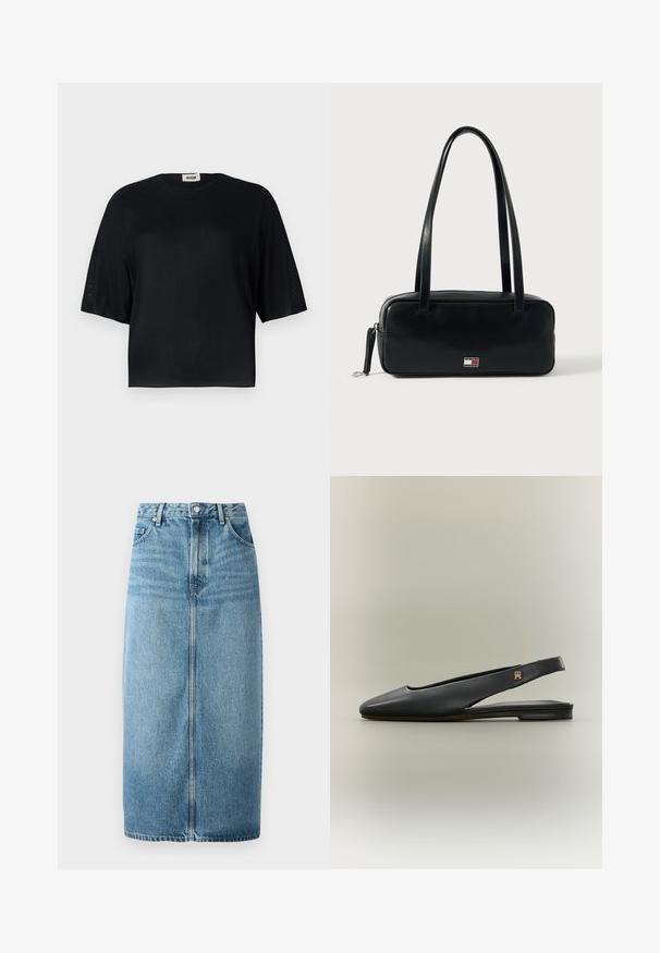 Schwarzes kurzärmliges Top aus glattem Stoff mit rundem Ausschnitt und lässiger Passform. Verfügt über transparente, strukturierte Einsätze entlang der Ärmel.; Denim-Midi-Rock in Hellblau. A-Linien-Form mit einer vorderen Schlitze, Fünf-Taschen-Design, Knopfverschluss und sichtbarer Naht. Glatte Textur.; Schwarzer Leder Slingback-Flachschuh mit spitzer Spitze und goldfarbenem Logo-Akzent am Riemen, dargestellt auf neutralem Hintergrund.; Schwarze Lederhandtasche mit rechteckiger Form, flachem Boden, zwei Schulterriemen und einem kleinen Logodetail auf der Vorderseite. Glatte Textur.