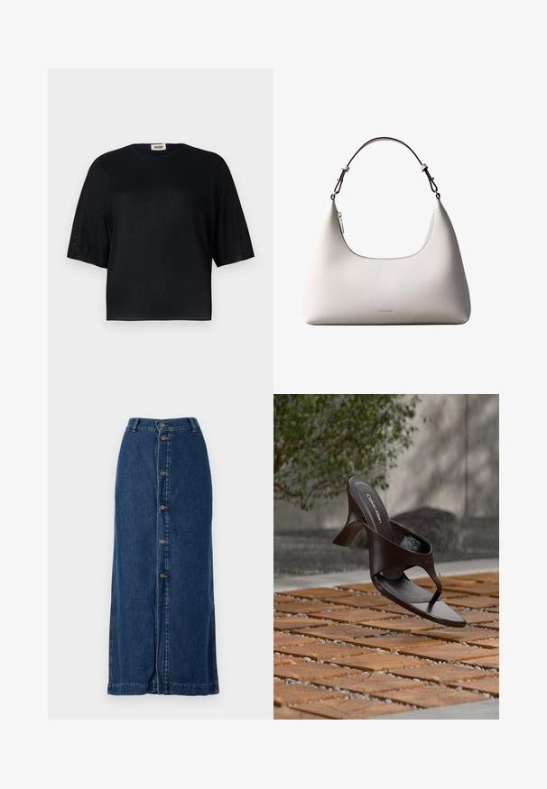 Sort kortærmet top lavet af glat stof med rund halsudskæring og en afslappet pasform. Har gennemsigtige, teksturerede paneler langs ærmerne.; Mørkeblå denim-maxiskørt med knaplukning foran og sideslids, med en lige silhuet og syet kant.; Brun Calvin Klein hælet thong sandal svævende over træflise og grus udendørs med sløret grønt og stenmur i baggrunden.; Cremefarvet skuldertaske i læder fra Calvin Klein med buet topkant, sølvfarvet lynlås og mørkebrun justerbar rem.