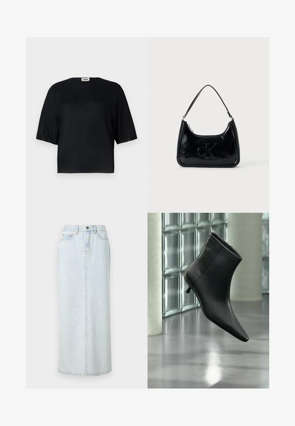 Sort kortærmet top lavet af glat stof med rund halsudskæring og en afslappet pasform. Har gennemsigtige, teksturerede paneler langs ærmerne.; Lyseblå denim maxi-nederdel med lige design, frontknaplukning og synlige syninger. Har to frontlommer.; Sort læderankelstøvle med spids tå og lav kitten-hæ, vist vinklet mod en poleret gulv- og glasblokvæg.; Sort patentlæder håndtaske med et buet topgreb, lynlåsslukning og prægede "cK" logo på fronten. Glat tekstur, struktureret form.