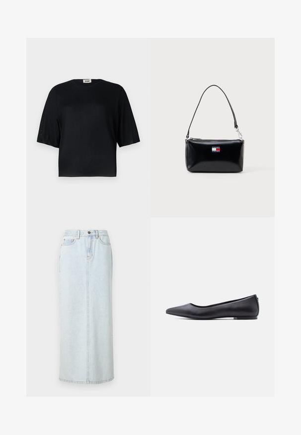 Sort kortærmet top lavet af glat stof med rund halsudskæring og en afslappet pasform. Har gennemsigtige, teksturerede paneler langs ærmerne.; Lyseblå denim maxi-nederdel med lige design, frontknaplukning og synlige syninger. Har to frontlommer.; Sort flad lædersko med spidst tåparti og lav hæl, vist i sideprofil mod en hvid baggrund.; Sort rektangulær skuldertaske med kort rem og Tommy Jeans-logo i rød, hvid og blå på fronten i midten.