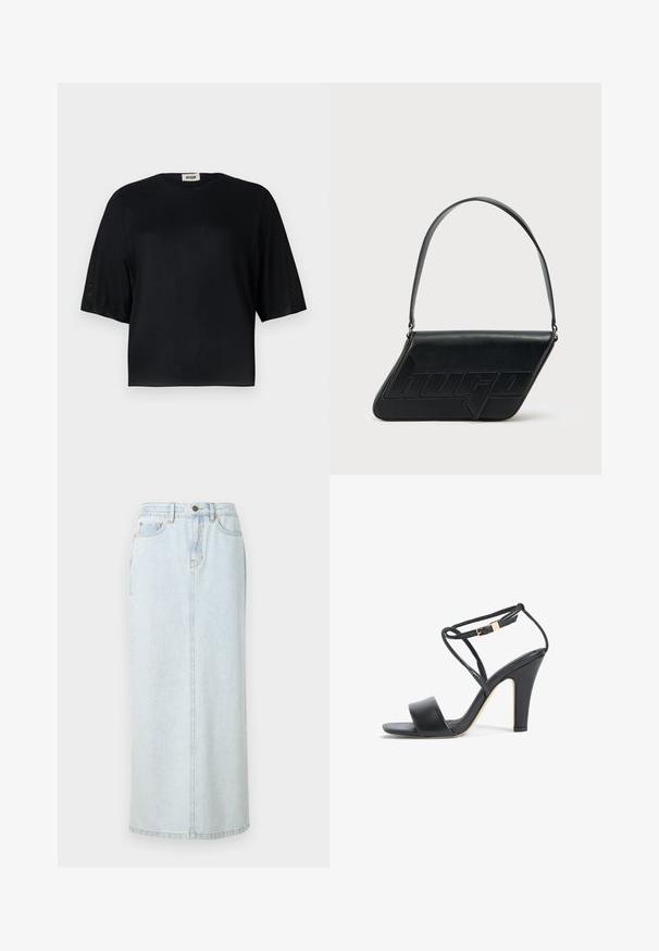 Sort kortærmet top lavet af glat stof med rund halsudskæring og en afslappet pasform. Har gennemsigtige, teksturerede paneler langs ærmerne.; Lyseblå denim maxi-nederdel med lige design, frontknaplukning og synlige syninger. Har to frontlommer.; Sort højhælet sandal med tynd ankelrem, guldlås, åben tå og blokhæl, vist fra siden på en hvid baggrund.; Sort skuldertaske i læder med trekantet form, præget logo og en enkelt justerbar rem. Minimalistisk design med glat tekstur.