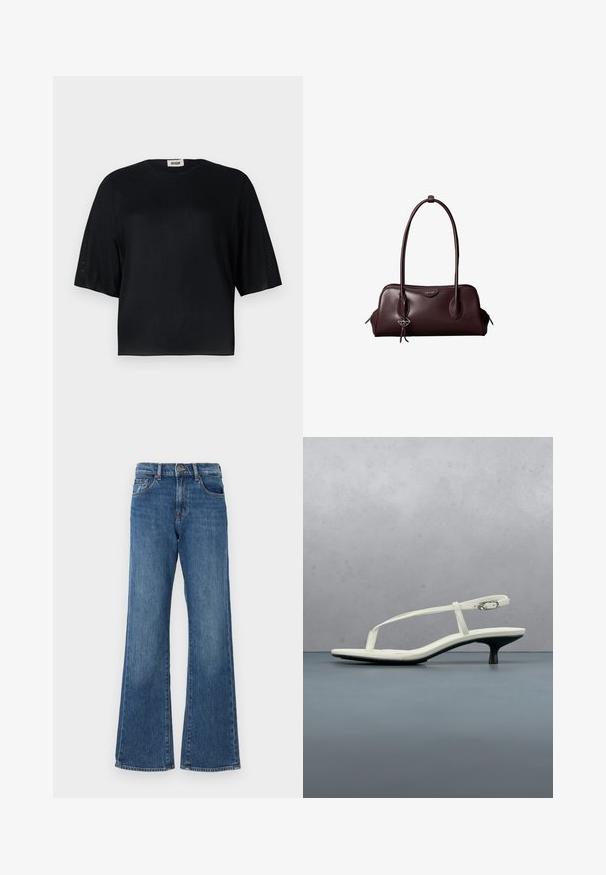Sort kortærmet top lavet af glat stof med rund halsudskæring og en afslappet pasform. Har gennemsigtige, teksturerede paneler langs ærmerne.; Blå denim flared jeans med høj talje, der har fem lommer og knaplukning. Stofmet har en let falmet finish.; Hvid sandal med stropper og kitten-hæl med spids tå, svævende over et trægulv udendørs med en sløret plante og væg i baggrunden.; Mørkebrun lædertaske fra Calvin Klein med lange dobbelte håndtag og en lille logohængende ved det ene håndtag.