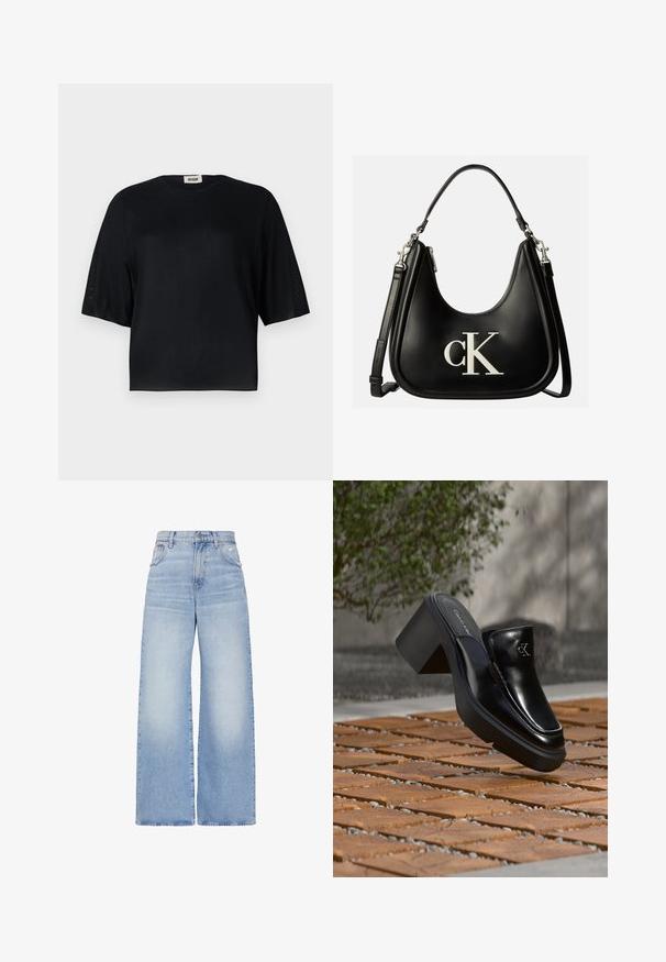 Sort kortærmet top lavet af glat stof med rund halsudskæring og en afslappet pasform. Har gennemsigtige, teksturerede paneler langs ærmerne.; Lyseblå højtaljede jeans med vidde i benene, lukkes foran med knapper og lynlås, for- og baglommer samt en let slidt detalje på højre lomme.; Sort læder Calvin Klein slip-on mule med blokhæl, der hviler på trætøj udendørs nær en grøn plante og en grå væg.; Sort lædertaske med sølv "cK" logo foran, med kort håndtag og længere justerbar skulderrem.