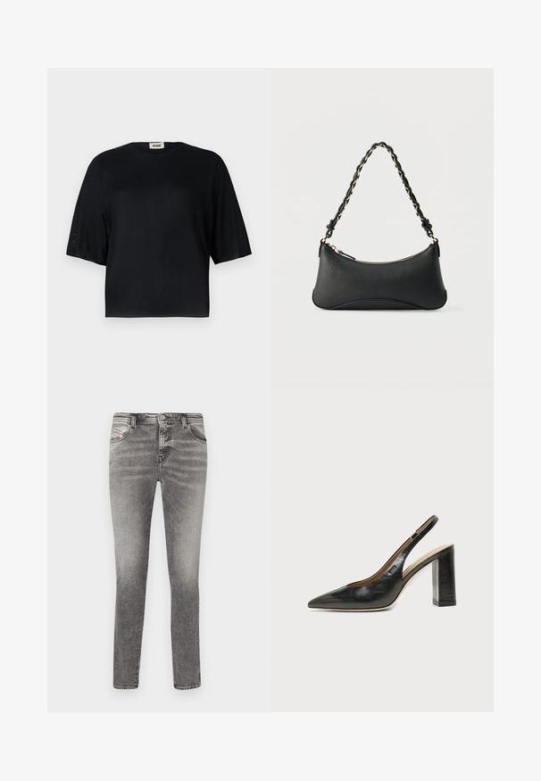 Sort kortærmet top lavet af glat stof med rund halsudskæring og en afslappet pasform. Har gennemsigtige, teksturerede paneler langs ærmerne.; Gry denim skinny jeans med fem lommer, lysvasket og nitterdetaljer. Har en knaplukning og bæltestropper langs taljen.; Sort læder peep-toe slingback sko med høj blokhæl og beige indvendig foring mod en ensfarvet lys baggrund.; Sort skuldertaske i læder med en buet rektangulær form, gyldent kæde vævet ind i en flettet sort rem og toplynlås.