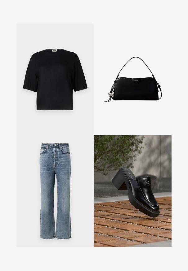 Schwarzes kurzärmliges Top aus glattem Stoff mit rundem Ausschnitt und lässiger Passform. Verfügt über transparente, strukturierte Einsätze entlang der Ärmel.; Helle blaue High-Waist-Jeans mit weitem Bein, versehen mit dezenten Auswaschungen, Fünf-Taschen-Design und Metallknopf-Details.; Schwarze Leder-Slip-on-Mule von Calvin Klein mit Blockabsatz, die auf Holzfliesen im Freien nahe einer grünen Pflanze und einer grauen Wand ruht.; Schwarze, rechteckige Calvin Klein Handtasche mit einem einzelnen Tragegriff oben, silbernem Logo-Anhänger und kleinem Klappverschluss auf der Vorderseite.