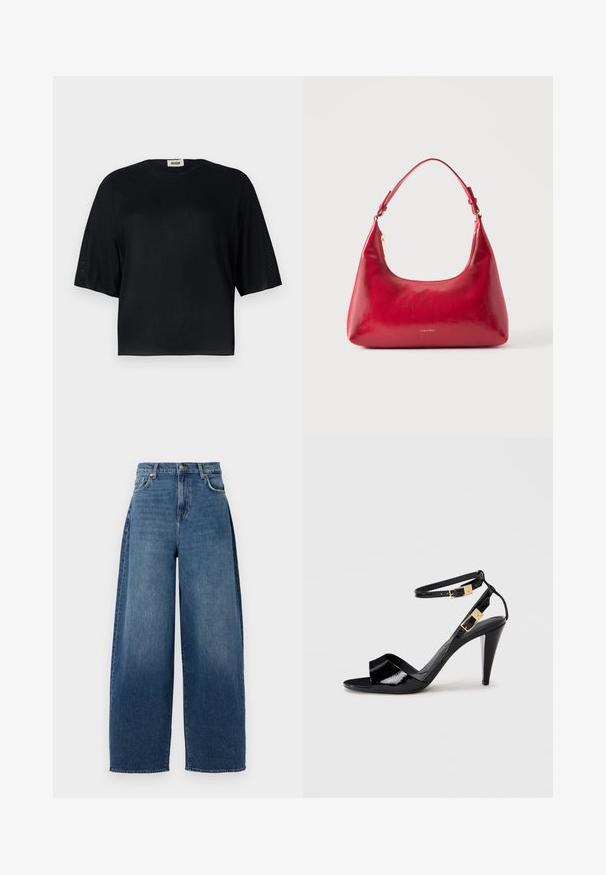 Sort kortærmet top lavet af glat stof med rund halsudskæring og en afslappet pasform. Har gennemsigtige, teksturerede paneler langs ærmerne.; Bredde ben jeans lavet af mørkeblå denim. Har høj talje, fem lommer og lukning med knap foroven. Let slidt tekstur i hele stoffet.; Sorte patentlæder højhælede sandaler med dobbelte ankelremme og guldspænder, åben tå og slank taperet hæl på neutral baggrund.; Rød læder skuldertaske med guld lynlås og justerbar rem, Calvin Klein-logo centreret foran.