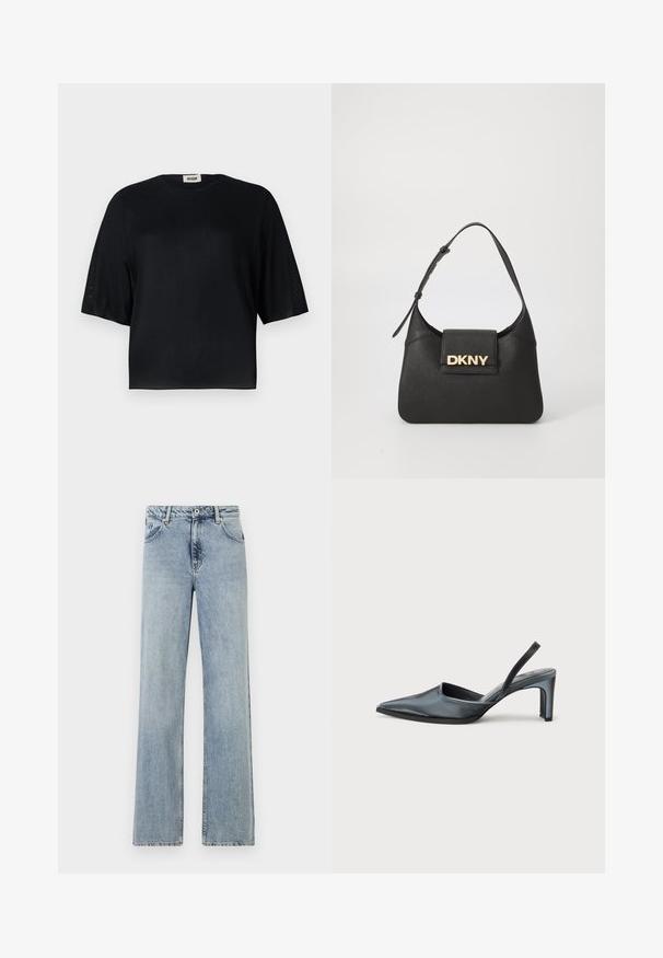 Sort kortærmet top lavet af glat stof med rund halsudskæring og en afslappet pasform. Har gennemsigtige, teksturerede paneler langs ærmerne.; Lyseblå, brede jeans lavet af denim. Har knap- og lynlåslukning, frontlommer og subtilt slid. Rene sømme.; Sort slingback-hæl med spids tå, slank satinfinish og en slank hæl på 3 tommer. Åben sidedesign med minimal syningsdetalje.; Sort læder skuldertaske med en struktureret form, der har et guld "DKNY" logo på forsiden og en kort, justerbar rem.