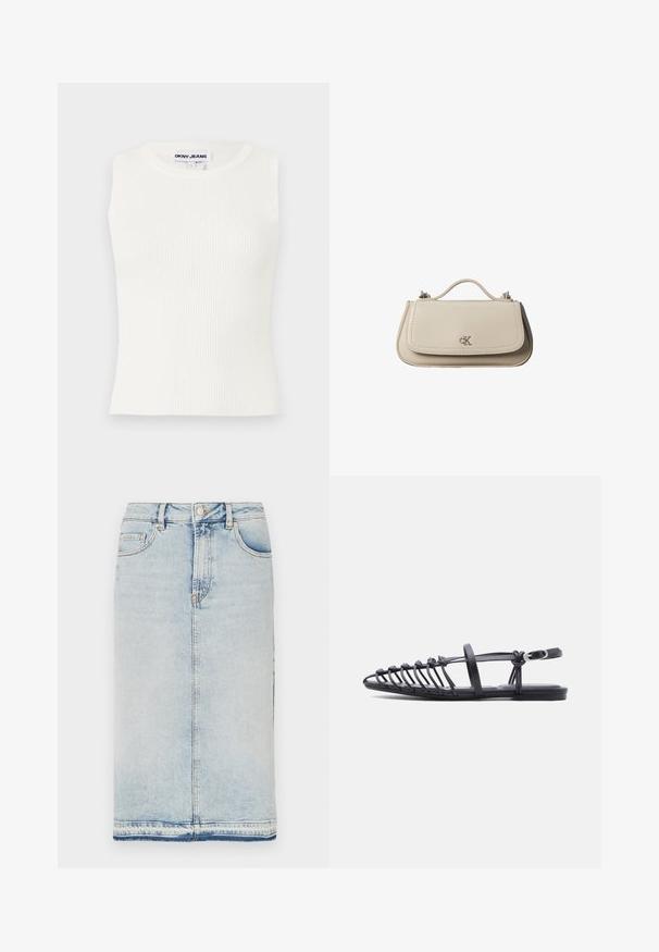 Biele bezrukávové rebrované tričko s okrúhlym výstrihom, vyrobené z elastického materiálu. Na golieri sa nachádza štítok s nápisom "DKNY JEANS".; Džínová midi sukňa v svetlom odtieni modrej, s piatimi vreckami, rovného strihu a s nahrubo zaseknutým lemom. Klasické kovové zapínanie na gombík a zips.; Čierna plochá sandála s viacerými tenkými remienkami, prackou na členku a otvoreným dizajnom na špičke na bielom pozadí.; Malá béžová kožená kabelka s horným držadlom a strieborným logom CK na prednej chlopni, zobrazená na bielom pozadí.