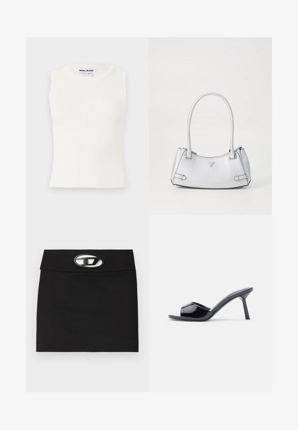 Hvid ærmeløs ribbet top med en rund halsudskæring, lavet af strækbart stof. Har et label med teksten "DKNY JEANS" ved kraven.; Sort miniskirt med en flad talje. Har en fremtrædende metallisk logo-buckle foran. Lavet af glat stof uden synlige mønstre.; Sorte laklæder sandaletter med åben tå, der har et buet overdesign og en spids stilethæl. Glat, blank finish.; Sølv håndtaske med et struktureret design, der har to håndtag, en skinnende overflade, accenthardware og et trekantet logo på fronten.