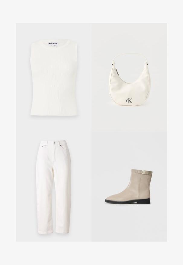 Hvid ærmeløs ribbet top med en rund halsudskæring, lavet af strækbart stof. Har et label med teksten "DKNY JEANS" ved kraven.; Hvide denim jeans med lige ben design, høj talje, lynlås og metallukning. Har fem lommer og diskret syning.; Beige læder ankelstøvle med spids tå, sort sål, lav hæl og guld spænde rem på ydersiden, vist på hvid baggrund.; Lille hvid halvmåneformet håndtaske med kort rem, lynlås og sort "cK"-logo foran.