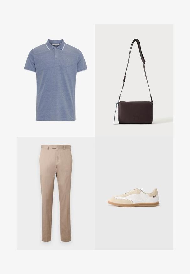 Lichtblauw polo shirt van textuurstof, met een gebuttonneerde kraag, contrasterende witte bies op de kraag en mouwen, en een klein logo.; Beige op maat gemaakte broeken met een rechte pijpdesign, vlakke voorkant en riemlussen, gemaakt van gladde stof. Geen zichtbare patronen of accenten.; Witte sneaker met lichtbeige suède accenten, geperforeerde details, platte veters en een zool van gumrubber. Voorzien van gestreepte branding op de hiel.; Donkerbruine gestructureerde leren crossbodytas met verstelbare riem en klein decoratief blauw accent aan de zijkant.