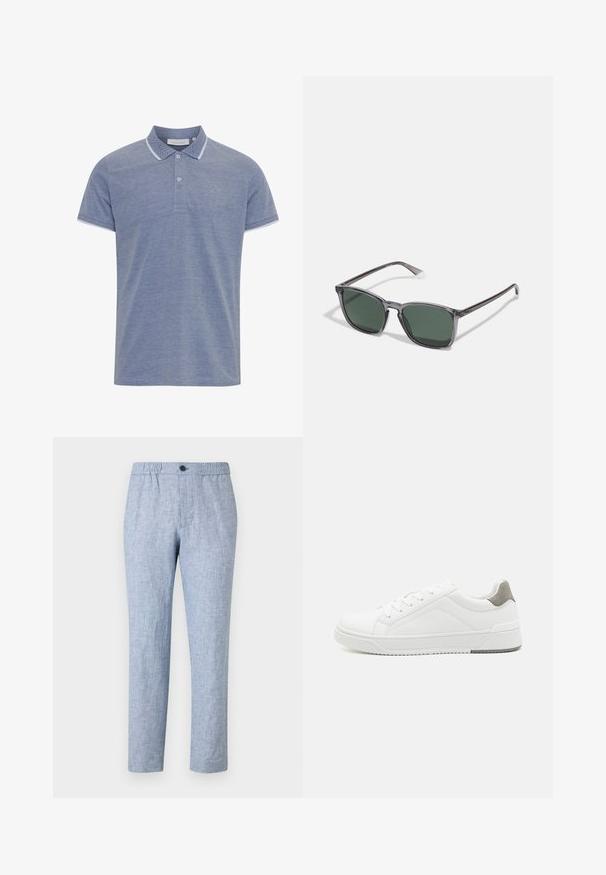 Polo bleu clair en tissu texturé, avec un col à boutons, des finitions blanches contrastantes sur le col et les manches, et un petit logo.; Pantalons bleu clair en mélange de lin avec une taille élastique et une fermeture à un bouton. Design à jambe droite, tissu texturé, sans motifs.; Basket blanche en cuir lisse, à bout arrondi, design minimaliste, accent de talon gris et semelle en caoutchouc texturé.; Polaroid Lunettes de soleil - grey