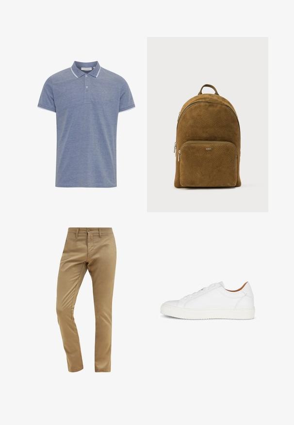 Lichtblauw polo shirt van textuurstof, met een gebuttonneerde kraag, contrasterende witte bies op de kraag en mouwen, en een klein logo.; Beige chino's met een gladde textuur, slim fit, knoopsluiting en riemlussen, met een standaard ontwerp voor de voorkantzakken.; Witte leren sneaker met een gladde oppervlakte, ronde neus, vetersluiting aan de voorkant en een textuur rubberen zool. Minimalistisch ontwerp zonder zichtbare logo's.; Bruine suède rugzak met een textuurachtige oppervlakte, afgeronde vorm, voorvak met ritssluiting en handvat aan de bovenkant. Voorzien van zilverkleurige ritssluitingen en logodetail.