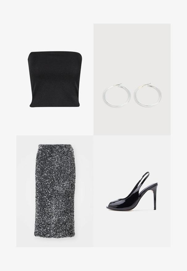Top negro sin tirantes hecho de un material suave y brillante. Presenta un diseño ajustado sin costuras, ofreciendo una silueta elegante.; Minifalda de lentejuelas en gris oscuro, con un diseño ajustado. Superficie cubierta de lentejuelas redondas y brillantes que aportan un acabado texturizado.; Zapato de tacón alto tipo slingback de charol negro con punta abierta y tacón de aguja sobre fondo blanco liso.; Pareja de pendientes de aro plateados brillantes con cierres de alambre delgado, mostrados sobre un fondo gris claro.