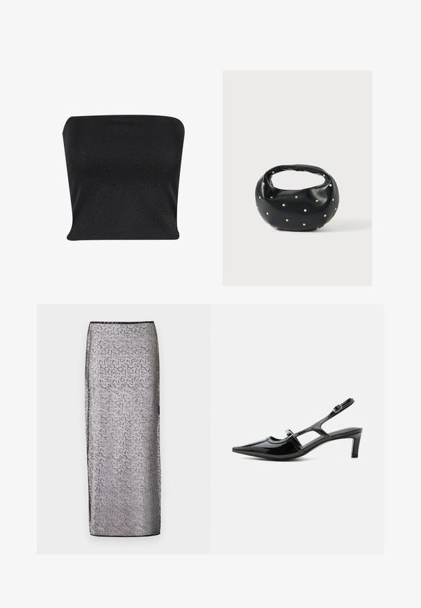 Μαύρο strapless τοπ φτιαγμένο από ένα λείο, λαμπερό ύφασμα. Διαθέτει εφαρμοστό σχέδιο χωρίς ραφές, προσφέροντας μια κομψή σιλουέτα.; Μακριά, εφαρμοστή φούστα από διάφανη ασημένια ύφανση με διακριτικό σχέδιο και λαμπερές λεπτομέρειες. Διαθέτει μαύρη μέση και στρίφωμα.; Μαύρο παπούτσι slingback από δερμάτινο πατεντ με μυτερή μύτη, χαμηλό τακούνι και δύο ρυθμιζόμενες λουρίδες με αγκράφες, εμφανιζόμενο σε προφίλ πλευράς.; Μαύρη δερμάτινη τσάντα χειρός με στρογγυλεμένο σχήμα, διακοσμημένη με ασημένιες λεπτομέρειες με καρφιά και κοντή λαβή. Λείο υλικό και κλείσιμο με φερμουάρ.