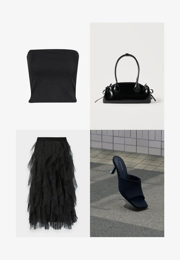 Zwarte strapless top gemaakt van een gladde, glanzende stof. Heeft een strakke pasvorm zonder naden, wat zorgt voor een slanke silhouette.; Zwarte tule rok met gelaagde ruffles, een brede elastische tailleband en verspreide zilveren stippen op de stof.; Zwarte open teen mule met blokhak en vierkante neus, met merk "EVEN&ODD," geplaatst op grijze stoep vlakbij een betegelde muur.; Kleine zwarte glanzende handtas met twee lange hengsels en zijkant trekkoord details op een effen lichte achtergrond.