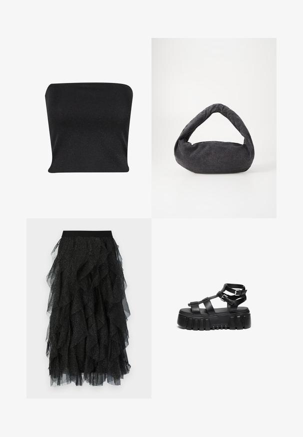 Μαύρο strapless τοπ φτιαγμένο από ένα λείο, λαμπερό ύφασμα. Διαθέτει εφαρμοστό σχέδιο χωρίς ραφές, προσφέροντας μια κομψή σιλουέτα.; Μαύρη τουλίνη φούστα με επάλληλες ρυτίδες, φαρδύ ελαστικό ζωνάκι και διάσπαρτες ασημί κουκίδες σε όλη την επιφάνεια του υφάσματος.; Μαύρες πλατφόρμες σανδάλια διαθέτουν σφιχτές στρώσεις και αγκράφες, με χοντρή, υφασμάτινη σόλα και σχέδιο λείου πέλματος.; Σκούρο γκρι ύφασμα τσάντα με καμπύλη λαβή, μαλακή υφή και στρογγυλό σχήμα. Χωρίς ορατά αξεσουάρ ή στολίδια.