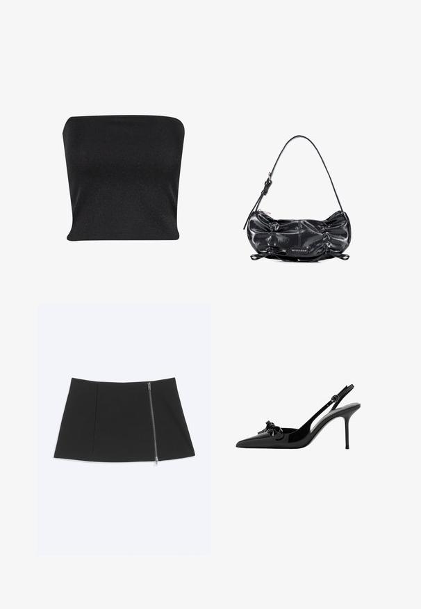 Zwarte strapless top gemaakt van een gladde, glanzende stof. Heeft een strakke pasvorm zonder naden, wat zorgt voor een slanke silhouette.; Zwarte minirok met een zilveren ritssluiting die diagonaal langs de rechterkant loopt, gladde stof, licht uitlopende zoom.; Zwarte lakleren pumps met spitse neus, slingback met een smalle band en strikdetail aan de voorkant.; Zwarte glanzende leren schoudertas met geplooide zijkanten, verstelbare band, ritssluiting en Wittchen merketiket aan de voorkant in het midden.