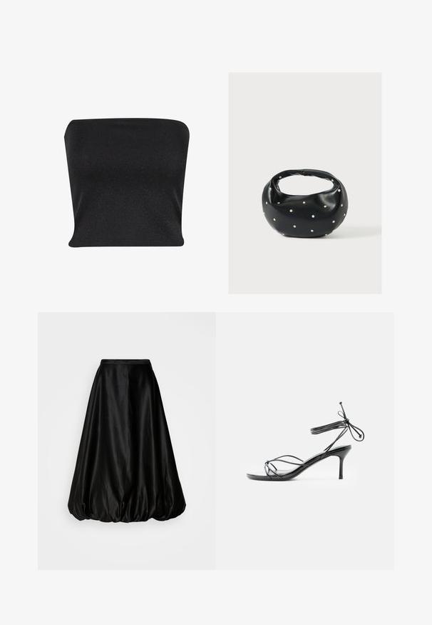 Sort stropløs top lavet af et glat, glitrende materiale. Har et tætsiddende design uden sømme, hvilket giver en strømlinet silhuet.; Sort satin midi-nederdel med en voluminøs, ballonform. Glat tekstur og en tætsiddende talje, designet til en svævende silhuet.; Sort højhælet sandal med tynde stropper omkring anklen og en mellemhøj stilethælt på en hvid baggrund.; Sort læderhåndtaske med en rundet form, dekoreret med sølvnitter, og et kort håndtag. Glat tekstur og lynlåslukning.