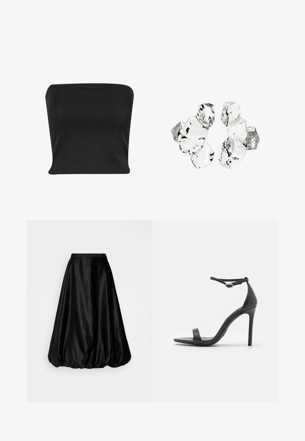 Zwarte strapless top gemaakt van een gladde, glanzende stof. Heeft een strakke pasvorm zonder naden, wat zorgt voor een slanke silhouette.; Zwarte satijnen midi rok met een volumineuze, ballonvorm. Gladde textuur en een aansluitende taille, ontworpen voor een vloeiende silhouet.; Zwarte hoge hakken sandalen met een open teen, dunne banden en een enkelsluiting. Gladde leren textuur met een puntige neus.; Cluster van zes onregelmatig gevormde, doorschijnende en reflecterende glasachtige stukken die zijn gerangschikt op een witte achtergrond.