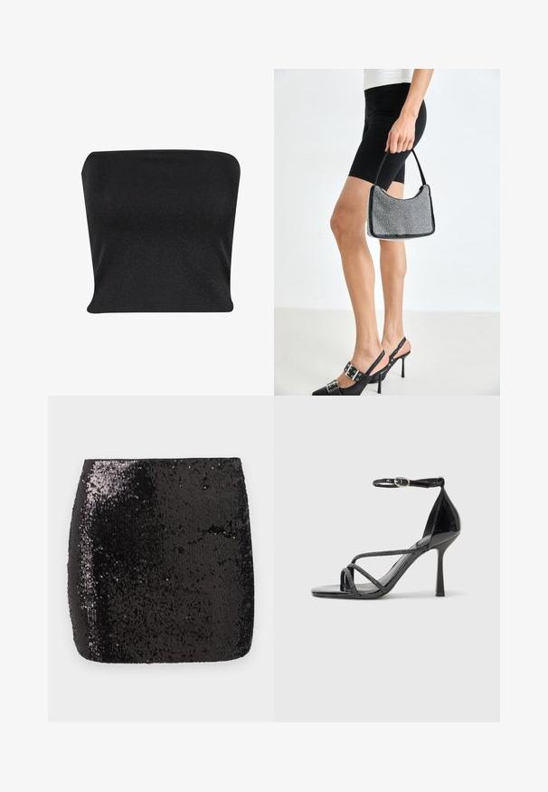 Zwarte strapless top gemaakt van een gladde, glanzende stof. Heeft een strakke pasvorm zonder naden, wat zorgt voor een slanke silhouette.; Zwarte mini-jurk met pailletten, met een aansluitende vorm, een gladde textuur en een glanzende oppervlakte die licht weerkaatst en visuele interesse creëert.; Zwarte laklederen hoge hak sandaal met een enkelbandje, voorzien van crisscross straps en een slanke, puntige neus.; Zwarte beaded handtas met een gebogen silhouet, draaghandvat en glanzende textuur. Draagt bij hoge zwarte hakken en strakke zwarte shorts.