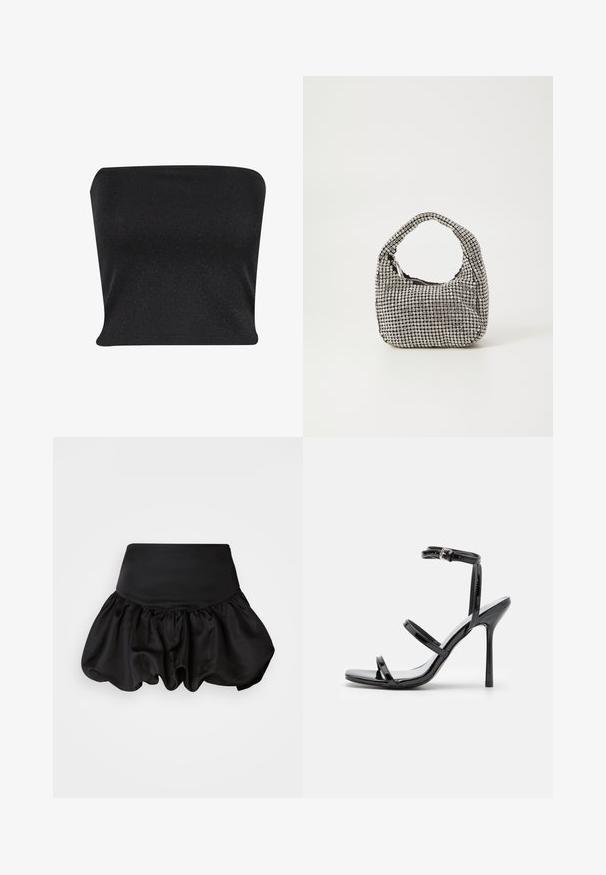 Zwarte strapless top gemaakt van een gladde, glanzende stof. Heeft een strakke pasvorm zonder naden, wat zorgt voor een slanke silhouette.; Zwarte satijnen rok met een nauwsluitende taille en een volumineuze, geplooide zoom. Kenmerkt zich door een gladde textuur en een ballonvormig silhouet.; Zwarte gepatineerde leren hoge hak sandalen met drie horizontale banden en een verstelbare enkelband. Slanke silhouette en glanzende afwerking.; Zwarte handtas met een ronde vorm, bedekt met kleine zilveren rhinestones, voorzien van een kort handvat en een ritssluiting aan de bovenkant.