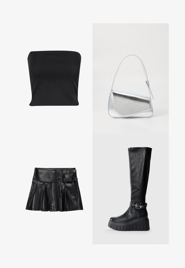 Top negro sin tirantes hecho de un material suave y brillante. Presenta un diseño ajustado sin costuras, ofreciendo una silueta elegante.; Falda de cuero negro con pliegues, cinturilla ancha y dos hebillas en el lateral. Textura suave con un acabado brillante.; Botas negras hasta la rodilla de cuero suave, con una suela de plataforma gruesa, un tacón robusto y un detalle de cinturón ajustable cerca del tobillo.; Bolso de mano metálico plateado con forma triangular, textura suave y una fina correa de hombro ajustable. Presenta un diseño plegable con costuras.