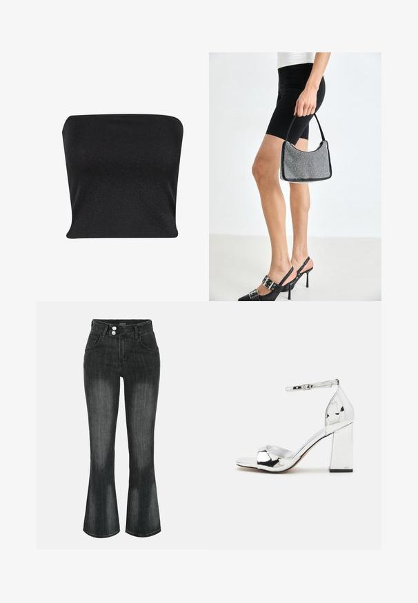 Zwarte strapless top gemaakt van een gladde, glanzende stof. Heeft een strakke pasvorm zonder naden, wat zorgt voor een slanke silhouette.; Zwart gewassen denim jeans met hoge taille, dubbele knoopsluiting, voorzakken en licht uitlopende pijpen.; Zilveren hoge hak sandaal met een blokhak, open teen en enkelbandje. Gekenmerkt door een glanzende lakafwerking en een gevoerd voetbed.; Zwarte beaded handtas met een gebogen silhouet, draaghandvat en glanzende textuur. Draagt bij hoge zwarte hakken en strakke zwarte shorts.