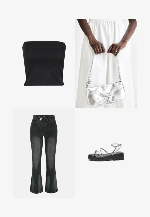 Sort stropløs top lavet af et glat, glitrende materiale. Har et tætsiddende design uden sømme, hvilket giver en strømlinet silhuet.; Sort vasket denim jeans med høj talje, dobbelt knaplukning, forlommer og let udvidede ben.; Metallisk sølvfarvet sandal med flere tynde remme og en chunky sort sål, udstyret med en justerbar ankelrem.; Sølvmetallic håndtaske med snøredetaljer, der har et slankt design og en kort strop. Tasken holdes i hænderne for at fremvise dens tekstur.