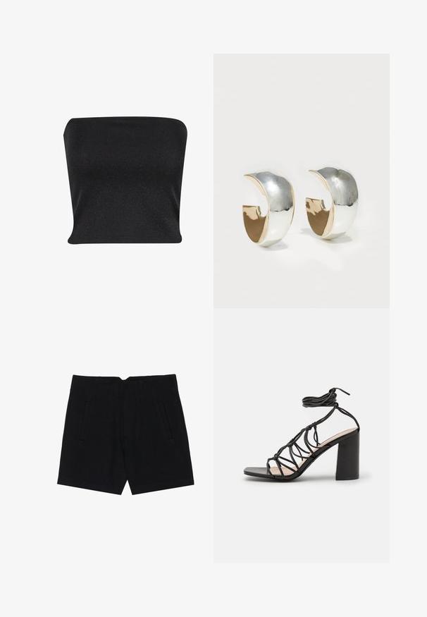 Zwarte strapless top gemaakt van een gladde, glanzende stof. Heeft een strakke pasvorm zonder naden, wat zorgt voor een slanke silhouette.; Zwarte shorts van een gladde stof, met zijzakken, een getailleerde pasvorm en gestikte plooien aan de voorkant voor een nette silhouet.; RAID KELSEY - Sandalen - black; Uncommon Matters SCULPTED CREOLE - Oorbellen - silver-coloured/gold-coloured