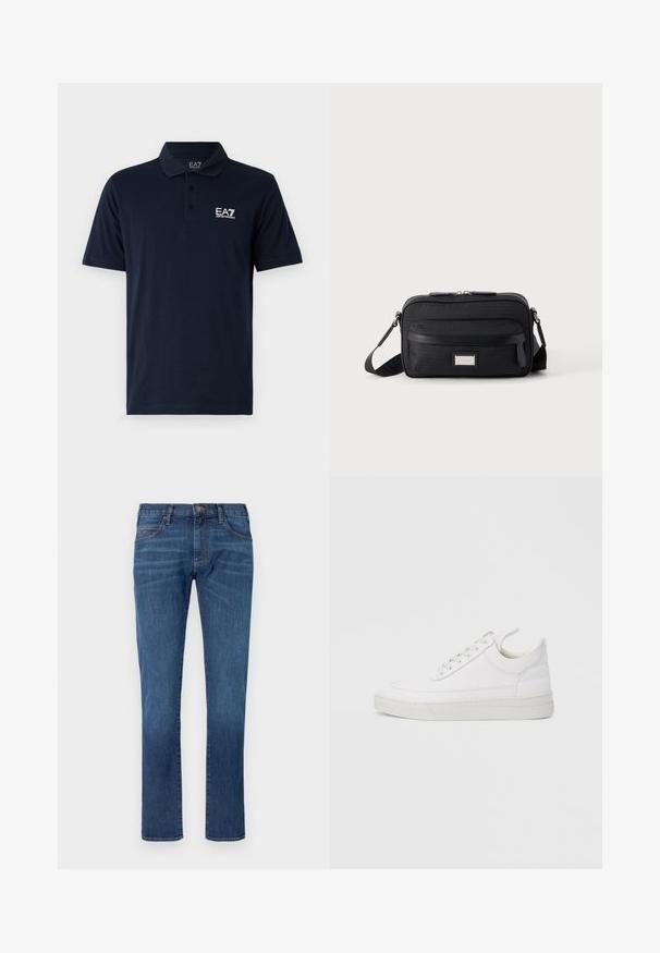 Mørkeblå polo-shirt lavet af bomuld, med krave, korte ærmer og et hvidt EA7-logo på venstre bryst. Klassisk pasform.; Blå denimjeans med lige ben, der har et klassisk design med fem lommer og knaplukning. Diskret falming over stofteksturområdet.; Hvid lædersneaker med rundet tå, flad sål og snørebånd foran. Har syningsdetaljer og polstret krave for komfort.; Sort rektangulær crossbody-taske med front lynlåslomme, justerbar rem og sølv rektangulært logo mærke på ensfarvet baggrund.