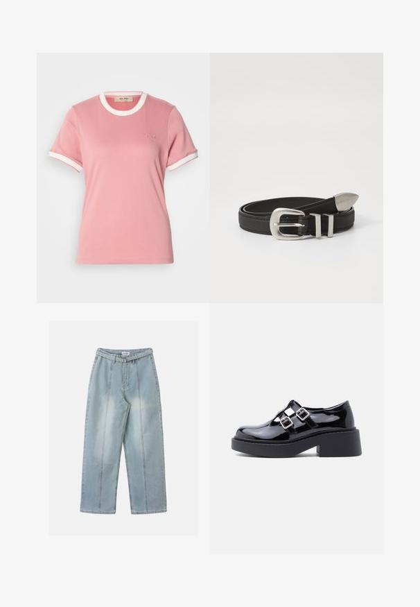 T-shirt en coton rose clair avec col et ourlets de manches blancs à côtes. Présente un logo en relief subtil sur la poitrine. Manches courtes, encolure ronde.; Jean large bleu clair à taille haute, coutures verticales cousues et ceinture assortie avec boucle en métal.; Chaussures à plateforme en cuir verni noir avec talon large, design découpé, et deux boucles argentées sur le dessus du pied. Semelle en caoutchouc plate.; Ceinture en cuir noir avec une boucle en métal argenté et des accents à double boucle, présentant une finition texturée et une extrémité effilée pour un ajustement sécuritaire.