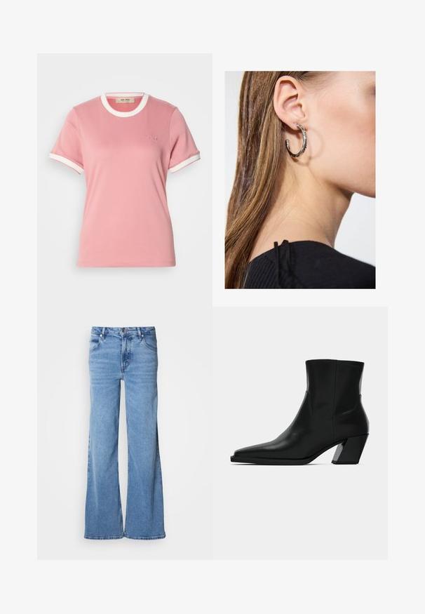 T-shirt en coton rose clair avec col et ourlets de manches blancs à côtes. Présente un logo en relief subtil sur la poitrine. Manches courtes, encolure ronde.; Jean large de couleur bleu clair en denim. Doté d'un design classique à cinq poches et d'une braguette à boutons apparents. Texture douce et finition unie.; Bottine en cuir noir avec un bout pointu, une silhouette élégante et un talon carré massif. Texture lisse avec des détails de couture minimalistes.; Boucle d'oreille en argent avec une finition polie, présentant de petits détails en or et de forme ronde, portée sur le lobe.