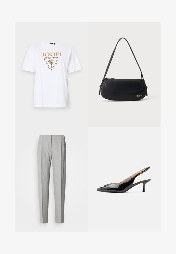 T-shirt en coton blanc avec un logo en sequins dorés et un design floral dans une forme de bouclier sur le devant. Manches courtes et décolleté rond.; Pantalon gris clair plissé avec une coupe ajustée. Il présente un tissu texturé, des poches latérales et un design classique à jambes droites.; Escarpin slingback en cuir verni noir avec bout pointu, petit talon kitten et bride à boucle argentée sur fond blanc uni.; Sac à épaule en cuir noir avec rabat incurvé, logo doré "HUGO" sur le devant, et une bandoulière réglable.