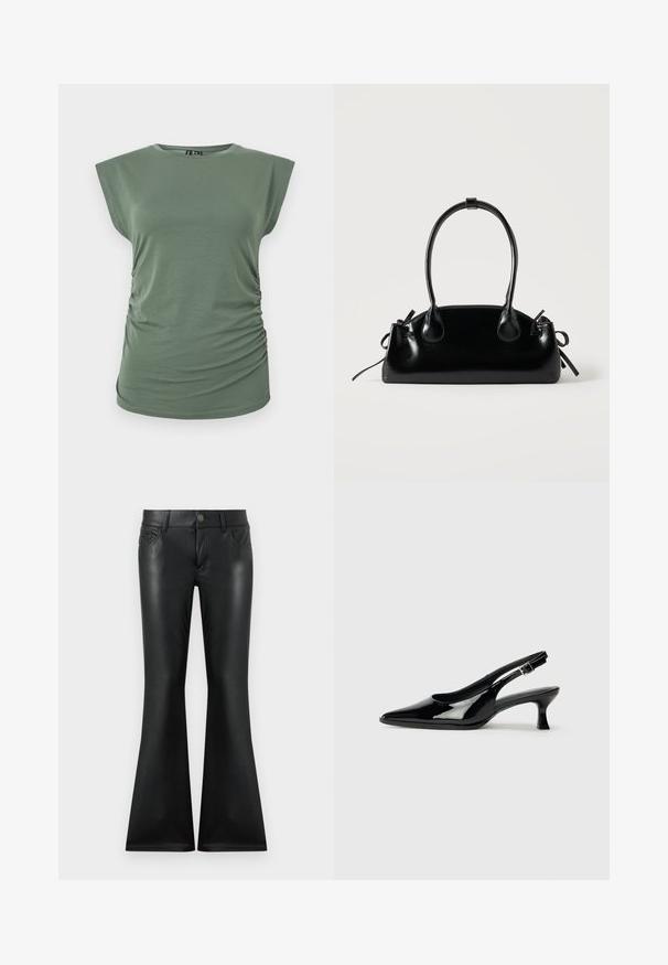 Haut sans manches vert olive pour femme avec côtés froncés, encolure ronde et silhouette légèrement cintrée sur fond blanc.; Pantalon noir évasé en matière lisse et brillante. Dispose d'un design à cinq poches, d'une fermeture à bouton sur le devant, et de coutures contrastées subtiles.; Escarpins en cuir verni noir avec un bout pointu et un petit talon carré. Sangle réglable à la cheville avec boucle.; Petit sac à main noir brillant avec deux longues anses et des détails à cordon sur les côtés sur un fond clair uni.