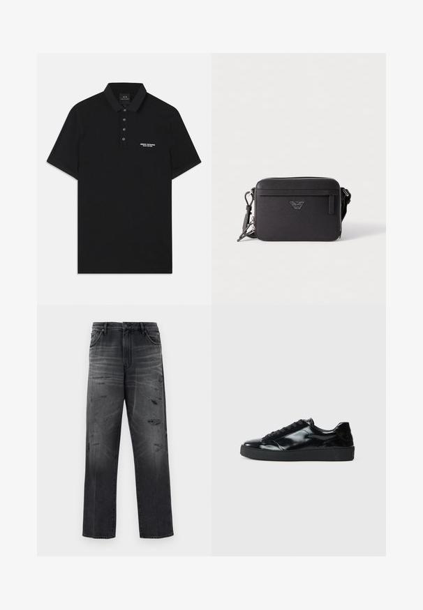 Sort polo skjorte lavet af bomuld, med standard krave, tre-knaps placket og et lille hvidt "Armani Exchange" logo på venstre side.; Sorte denim jeans med en afslappet pasform, der har et falmet design og slidte lapper. Standard fem-lomme stil og en knaplukning.; Sorte laklæder sneakers med rund tå, snørredesign, tekstureret gummisål og en glat overflade.; Sort tekstil crossover-taske med lynlåslukning, der har en frontlomme, logo-detalje og justerbar rem. Tekstureret overflade, rektangulær form.