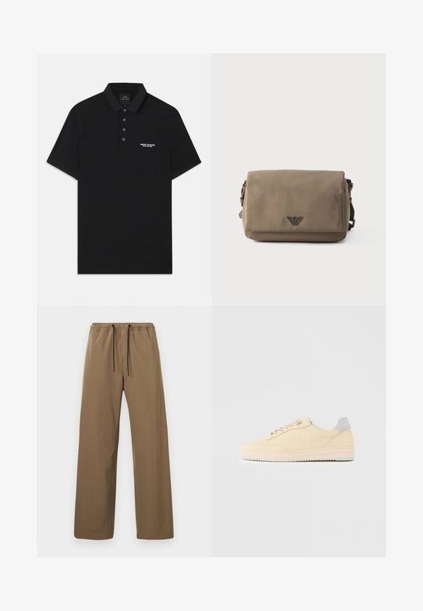 Schwarzes Poloshirt aus Baumwolle mit Standardkragen, Dreiknopf-Leiste und kleinem weißen "Armani Exchange"-Logo auf der linken Seite.; Braune gerade geschnittene Hose mit elastischem Bund und schwarzen Kordeln, vor einem schlichten hellen Hintergrund dargestellt.; Beiger Sneaker in niedrigem Design mit Schnürverschluss vorne, hellrosa Sohle und grauem Fersenlasche mit der Marke "Filling Pieces", seitlich auf neutralem Hintergrund gezeigt.; Rechteckige Crossbody-Tasche in Taupe mit Klappverschluss und kleinem Metall-Logo-Emblem mittig auf der Vorderseite vor weißem Hintergrund.