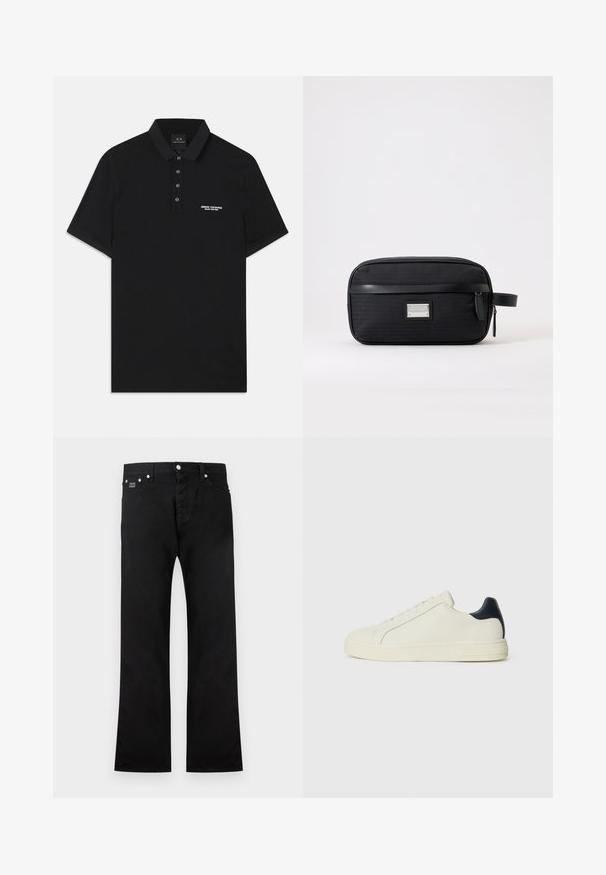 Schwarzes Poloshirt aus Baumwolle mit Standardkragen, Dreiknopf-Leiste und kleinem weißen "Armani Exchange"-Logo auf der linken Seite.; Schwarze Denim-Jeans mit geradem Schnitt, Fünf-Taschen-Design, Knopf- und Reißverschluss sowie dezenten Nähdetails.; Weiße Leder-Sneaker mit einem marineblauen Lederakzent an der Ferse, runder Zehenpartie, flacher Gummisohle und Schnürung mit sechs Ösen.; Schwarze, rechteckige Kulturtasche mit vorderer Reißverschlusstasche, seitlichem Griff und silbernem rechteckigem Markenlabel auf schlichtem hellem Hintergrund.