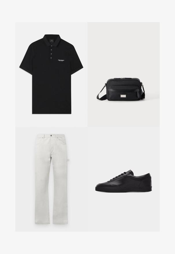 Sort polo skjorte lavet af bomuld, med standard krave, tre-knaps placket og et lille hvidt "Armani Exchange" logo på venstre side.; Lys grå bukser med en lige pasform, lavet af glat bomuldsstof, med forlommer og en sidelomme.; Sort lavtstående lædersneaker med snørebånd foran og flad gummisål, vist fra siden på en ensartet hvid baggrund.; Sort rektangulær crossbody-taske med front lynlåslomme, justerbar rem og sølv rektangulært logo mærke på ensfarvet baggrund.