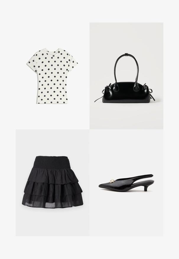 T-shirt blanc à manches courtes avec des pois noirs répartis uniformément sur le tissu, présenté à plat sur un fond blanc.; Jupe noire à volants avec une taille smockée. Elle présente trois couches de volants et un tissu léger pour un look fluide.; Escarpin slingback noir en cuir verni à petit talon kitten, avec un bout pointu et un petit ornement rond doré sur le dessus.; Petit sac à main noir brillant avec deux longues anses et des détails à cordon sur les côtés sur un fond clair uni.