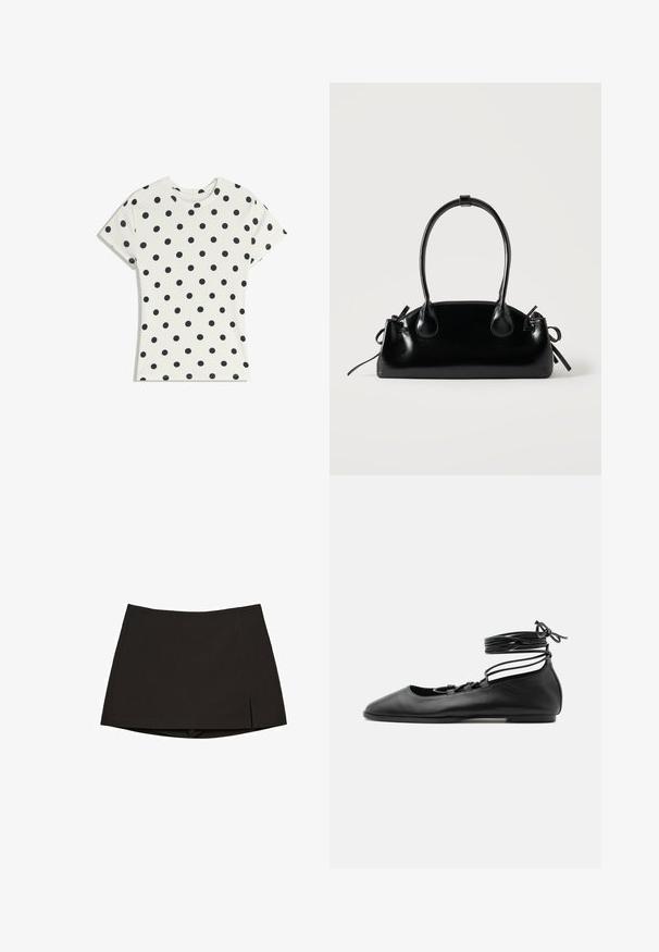 T-shirt blanc à manches courtes avec des pois noirs répartis uniformément sur le tissu, présenté à plat sur un fond blanc.; Mini-jupe noire en tissu lisse, avec une coupe droite, des fentes latérales et un ourlet net. Simple et polyvalente.; Chaussure de ballet plate en cuir noir avec un bout pointu, plusieurs fines brides sur le dessus et des lacets enroulés autour de la cheville.; Petit sac à main noir brillant avec deux longues anses et des détails à cordon sur les côtés sur un fond clair uni.