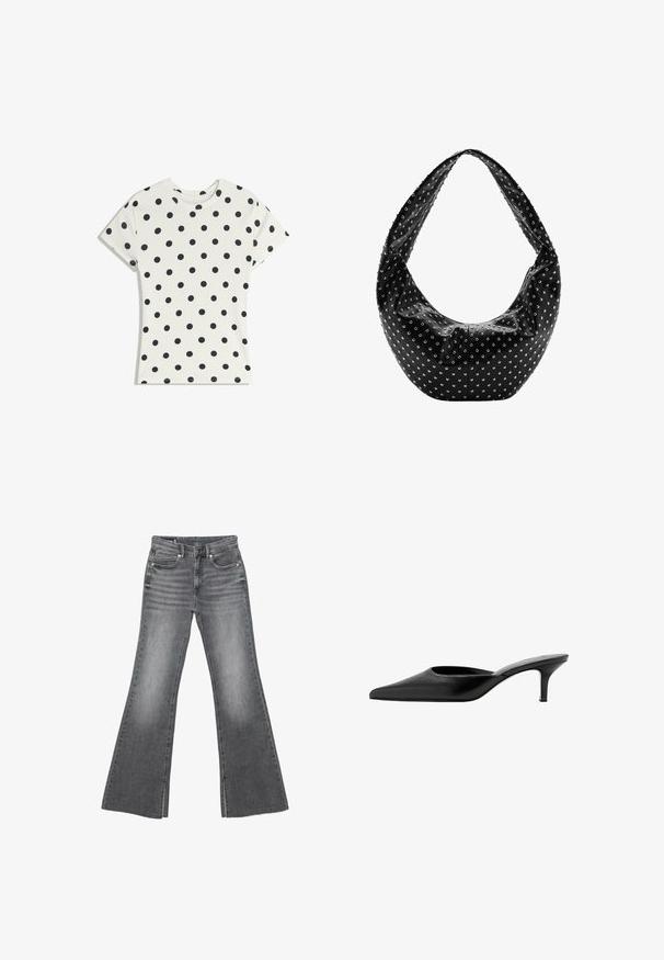 T-shirt blanc à manches courtes avec des pois noirs répartis uniformément sur le tissu, présenté à plat sur un fond blanc.; Jean en denim gris délavé avec taille haute, bouton à l'avant et fermeture éclair, doté de jambes évasées larges et de poches avant et arrière.; Mule en cuir noir à bout pointu, avec un petit talon fin et un design sans contrefort pour enfiler facilement.; Sac à main en cuir noir à la forme souple, orné de clous en argent et doté d'une large bandoulière. Texture lisse avec un design froncé.