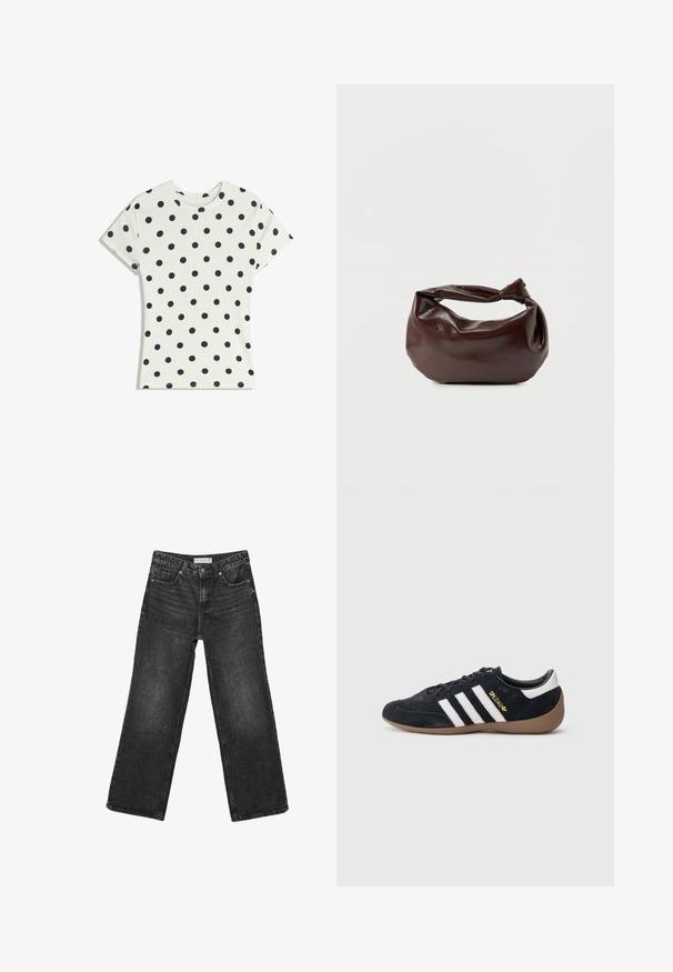 Hvid kortærmet t-shirt med sorte polkaprikker jævnt fordelt over stoffet, vist fladt på en hvid baggrund.; Sorte jeans med vide ben, forlommer og knaplukning, størrelsesmærke 38 synligt på taljen.; Sort ruskindssneaker med tre hvide striber, gummisål og et lille gyldent logo på siden. Har en glat sort foring indvendigt.; Mørkebrun læder skuldertaske med en blød, afslappet form og et snoet knudehåndtag på en ensartet hvid baggrund.