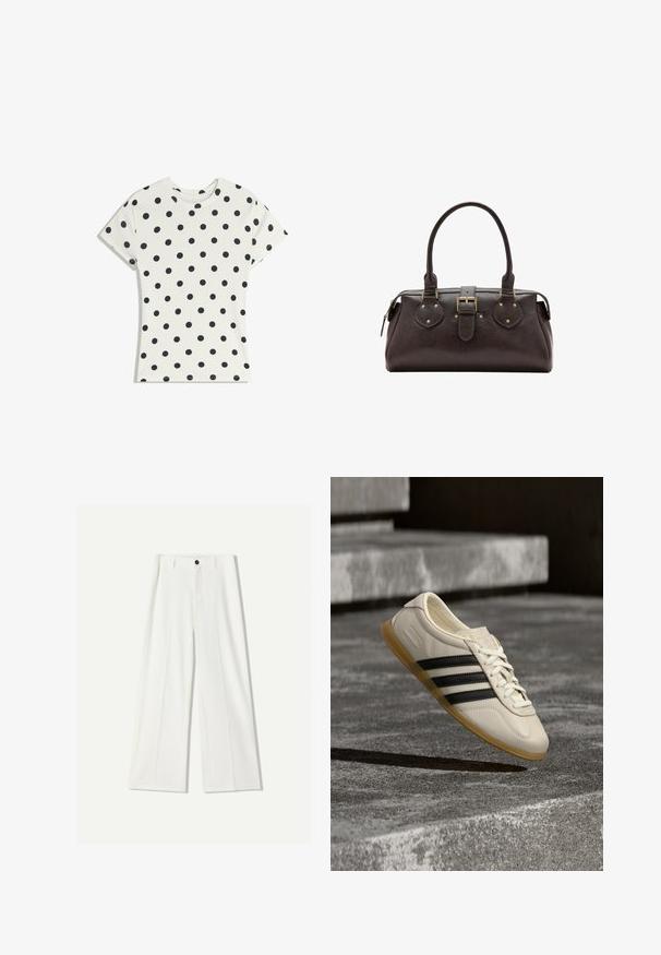 T-shirt blanc à manches courtes avec des pois noirs répartis uniformément sur le tissu, présenté à plat sur un fond blanc.; Pantalon large blanc en tissu lisse, avec une fermeture à bouton à l'avant et des détails plissés. Conception à l'avant plat, sans poches visibles.; Baskets blanches avec des bandes noires et une semelle en gomme flottant au-dessus d’escaliers en béton dans une lumière douce du jour.; Sac à main en cuir marron foncé avec deux poignées, une sangle centrale à boucle et des détails en métal doré.