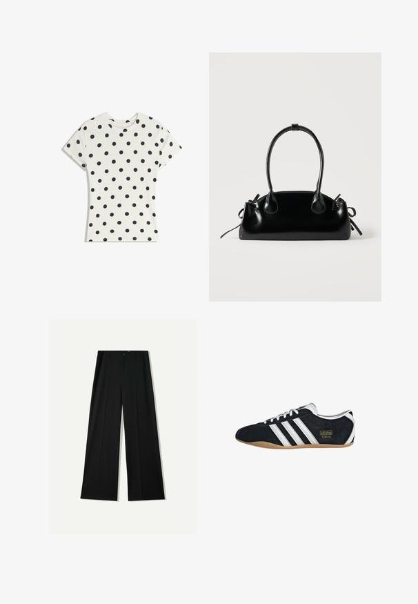 T-shirt blanc à manches courtes avec des pois noirs répartis uniformément sur le tissu, présenté à plat sur un fond blanc.; Bershka WIDE - Pantalon classique - black; Sneakers en suede noir avec trois bandes blanches, logo doré et semelle en caoutchouc marron. Présente un design à lacets à profil bas.; Petit sac à main noir brillant avec deux longues anses et des détails à cordon sur les côtés sur un fond clair uni.